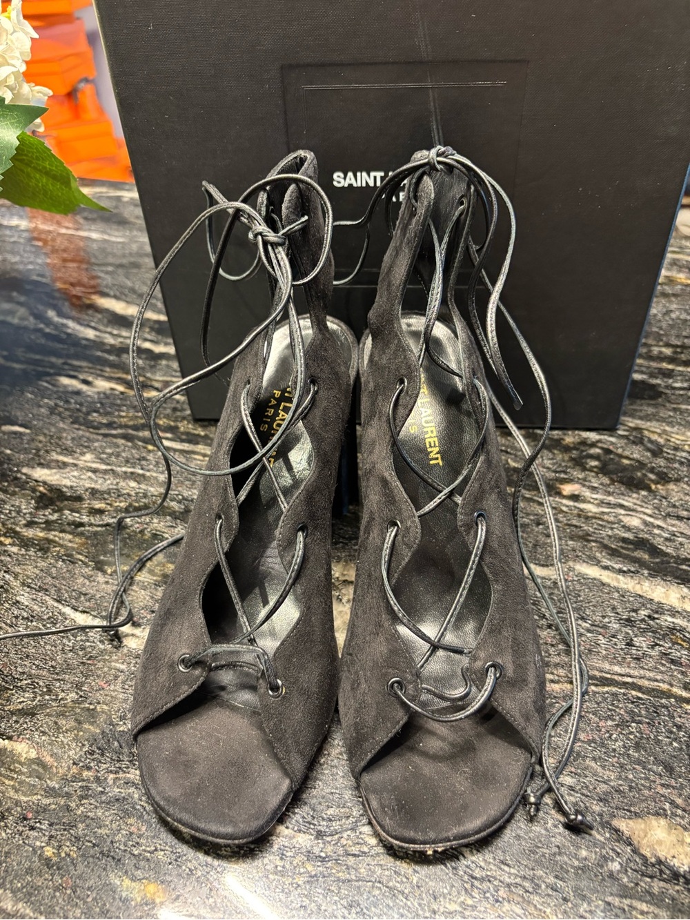 Saint Laurent Black Suede Lace-Up Peep-Toe Block Heels
